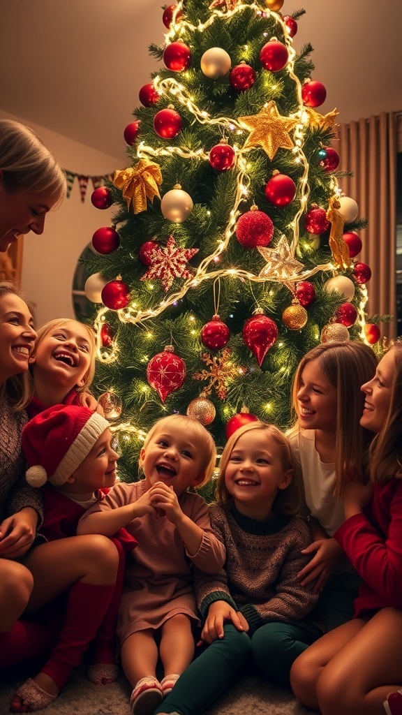 Christmas Tree Photoshoot Ideas Family gathered around a beautifully decorated Christmas tree, smiling and enjoying the holiday spirit.